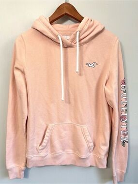 Hollister Womens L Hoodie‎ Peach Pink Floral Sleeve Logo Sweatshirt